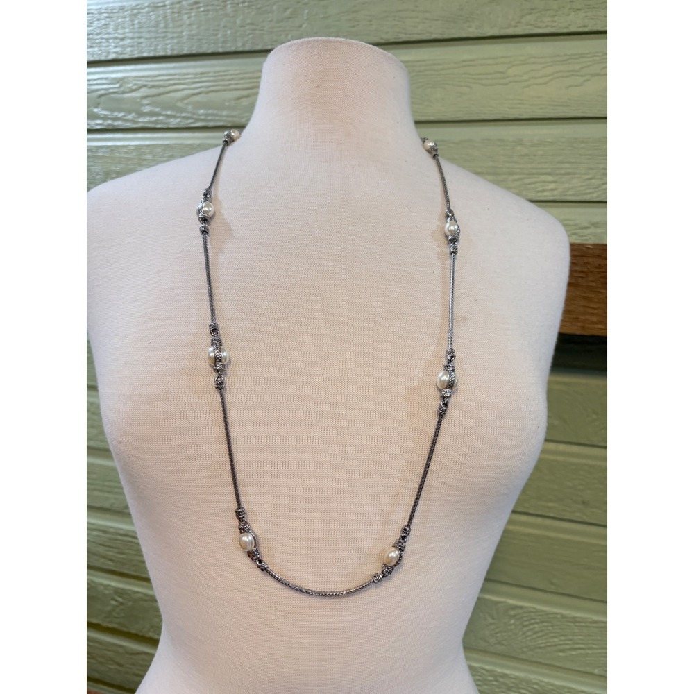 Silver‎ Tone Faux Pearl Station Wheat Chain Long Necklace 36 Inch